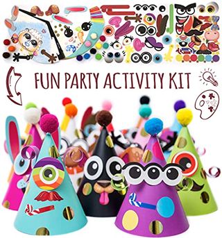 Glittery Garden Party Hats Birthday Activity Kit With Stickers, Fun Arts & Crafts for Kids. Animal & Monster Theme Party Favor, Game Supplies