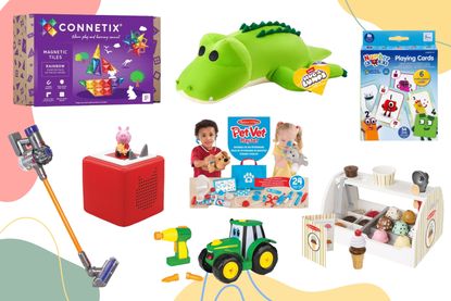 Collage showing the best toys for three year olds including Connetix, Hug-A-Lumps, playing cards, wooden toys, Toniebox audio player and more