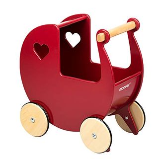 Moover Classic Doll's Pram for Toddlers, Fully Assembled, Designed in Denmark From Russian Birch Plywood, Push Along Toy, 18 Months+, 44 X 43 X 24 Cm, Red and Natural Wood