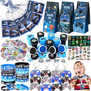 Tacobear 122pcs Video Game Party Bag Fillers Gaming Party Favors Silicone Bracelet Keychains Party Bags Stamp Luminous Tattoo Sticker Vip Pass Tickets Birthday Party Supplies Pinata for Boys Kids